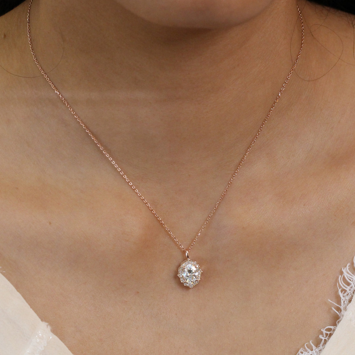 vintage halo diamond oval moissanite pendant rose gold drop necklace la more design jewelry