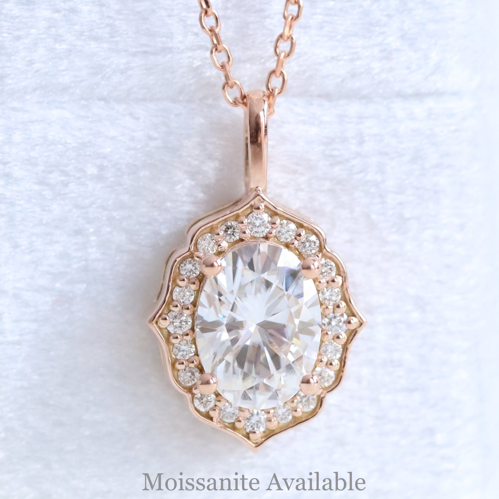 vintage halo diamond oval moissanite pendant rose gold drop necklace la more design jewelry