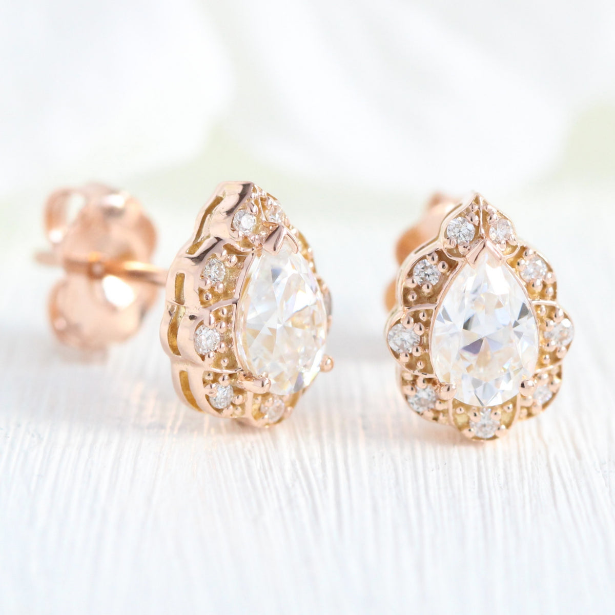 vintage halo diamond pear moissanite earrings rose gold diamond studs la more design jewelry