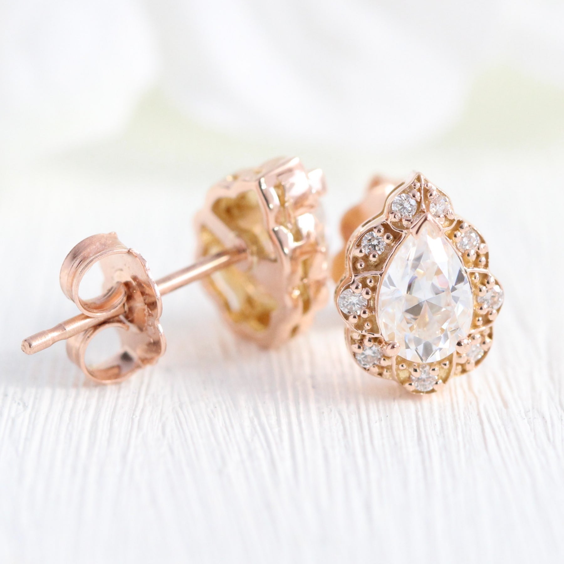 vintage halo diamond pear moissanite earrings rose gold diamond studs la more design jewelry