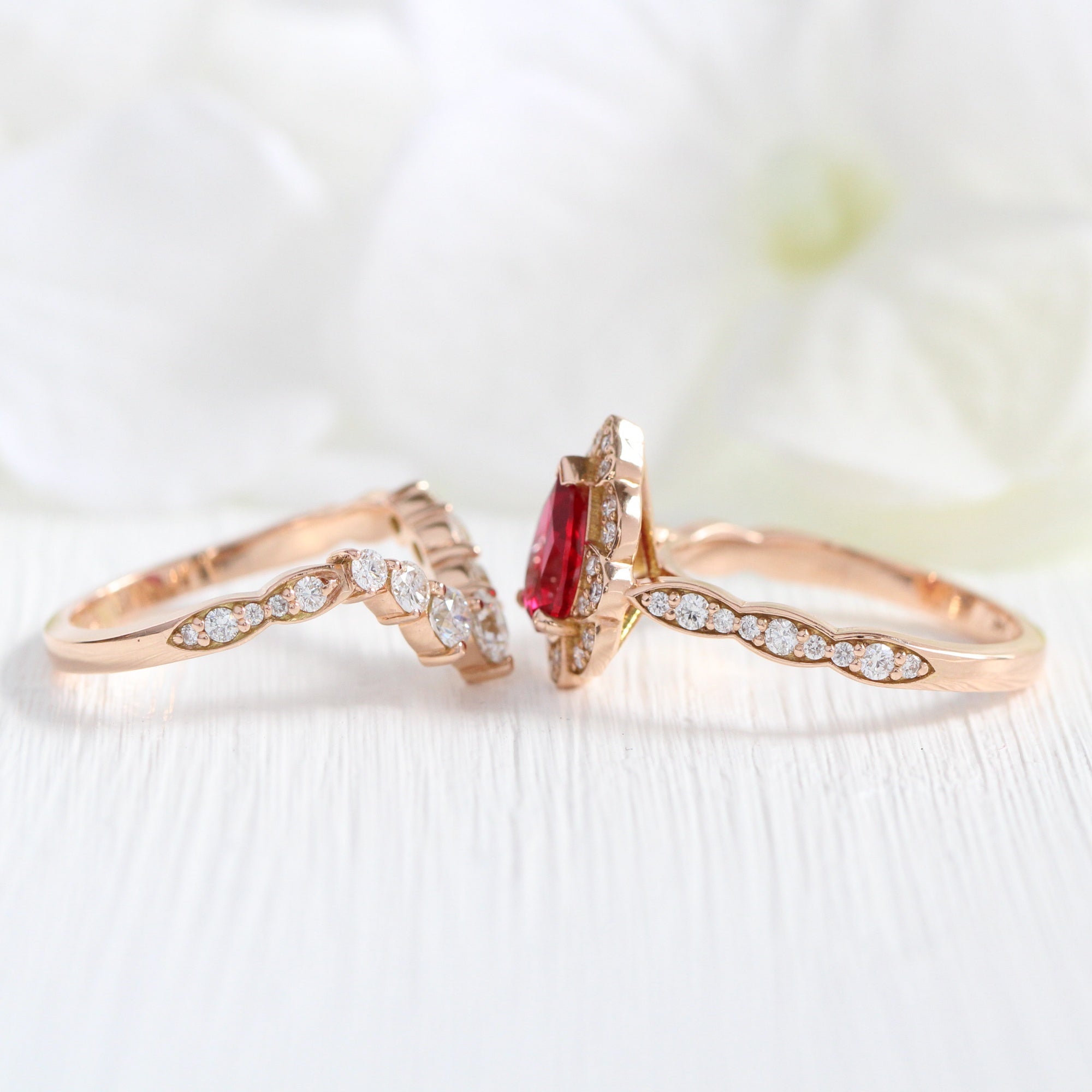 vintage halo diamond pear ruby ring stack rose gold curved diamond wedding band la more design jewelry