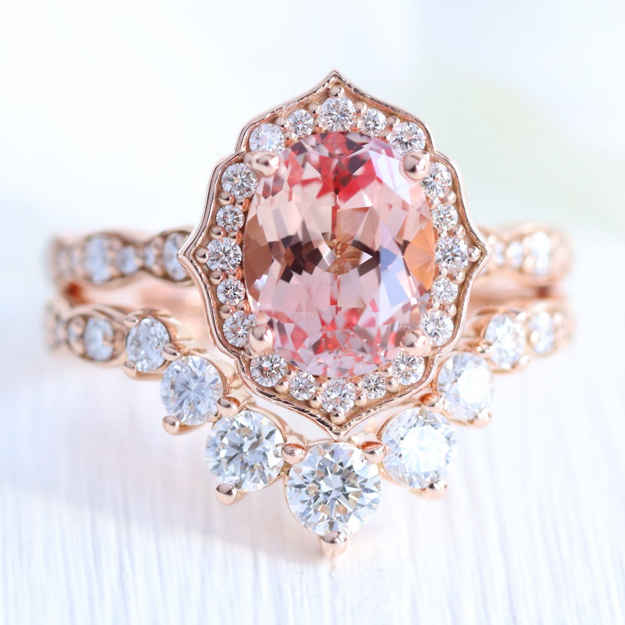 vintage halo large oval peach sapphire ring stack rose gold curved diamond wedding band la more design jewelry