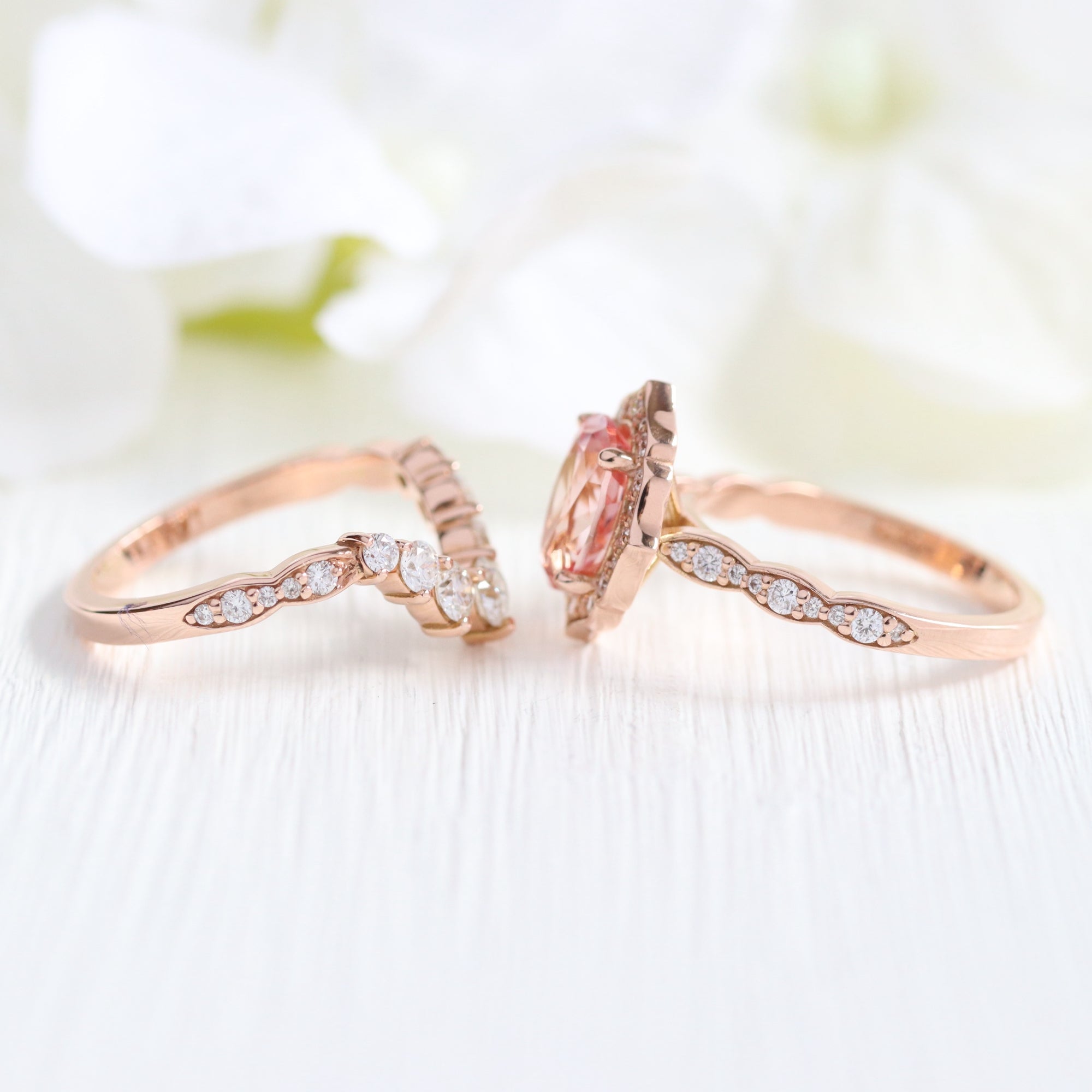 vintage halo large oval peach sapphire ring stack rose gold curved diamond wedding band la more design jewelry