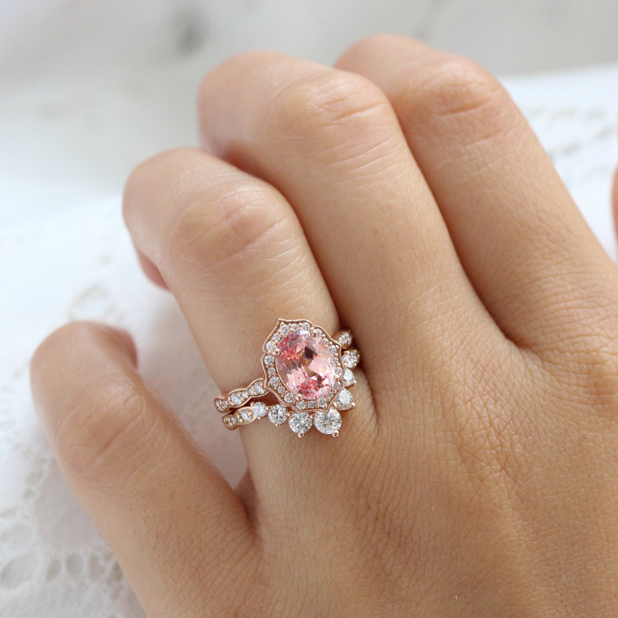 vintage halo large oval peach sapphire ring stack rose gold curved diamond wedding band la more design jewelry