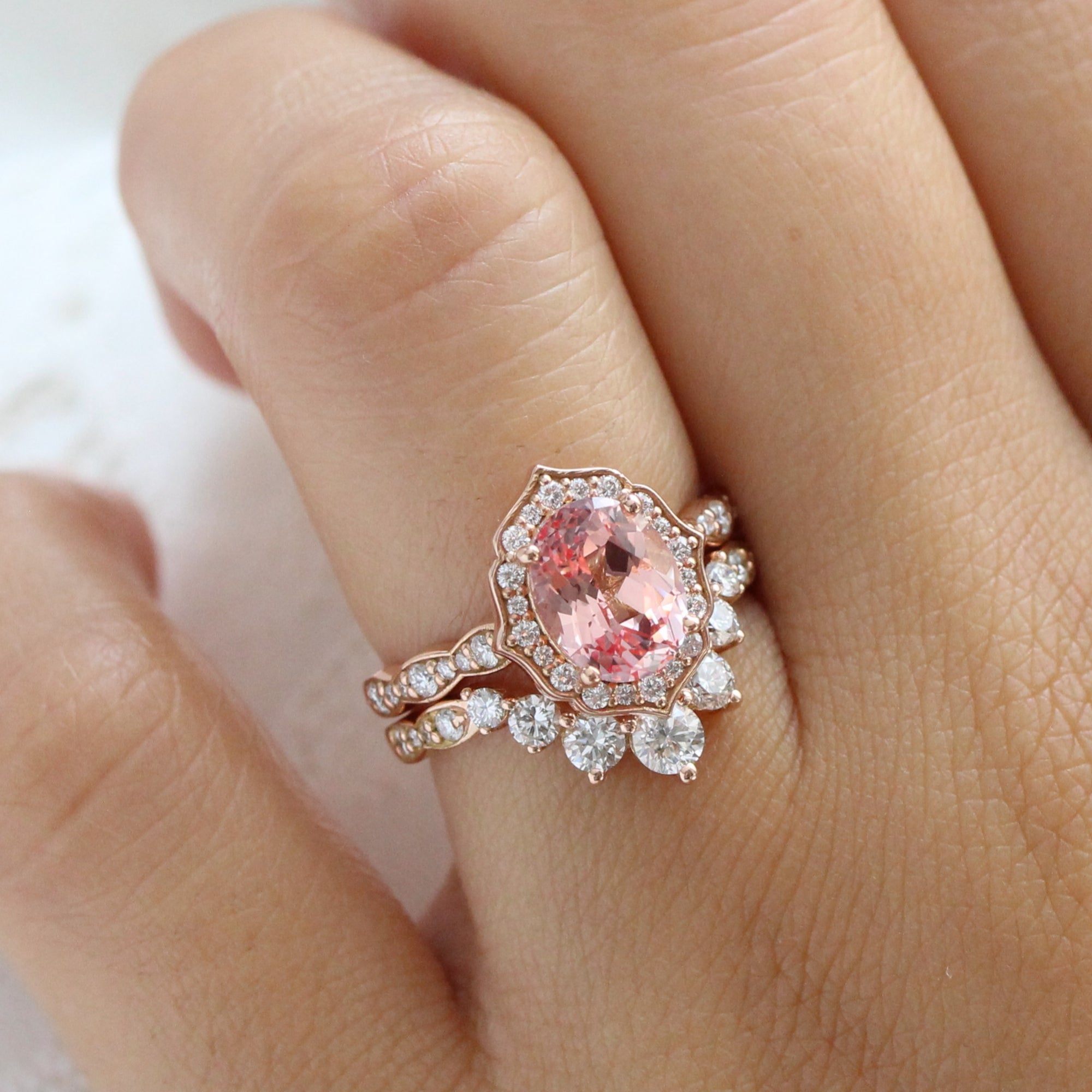 vintage halo large oval peach sapphire ring stack rose gold curved diamond wedding band la more design jewelry