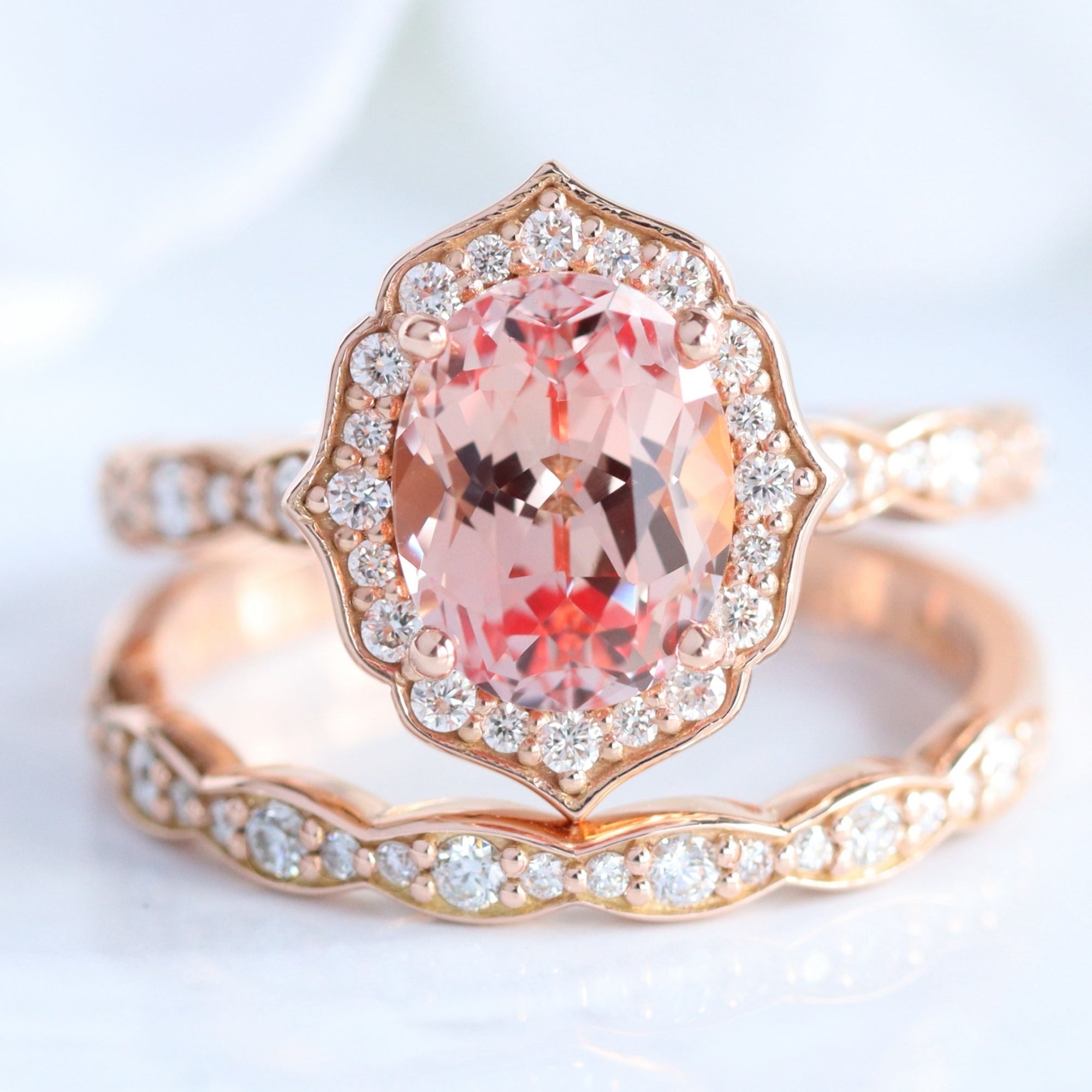 vintage halo large oval peach sapphire ring stack rose gold matching diamond wedding band la more design jewelry