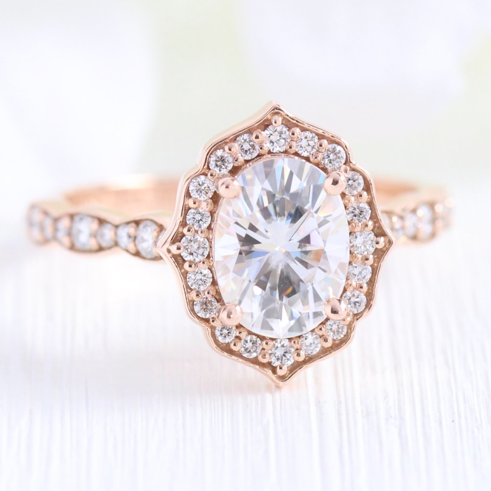 vintage halo moissanite diamond engagement ring rose gold la more design jewelry