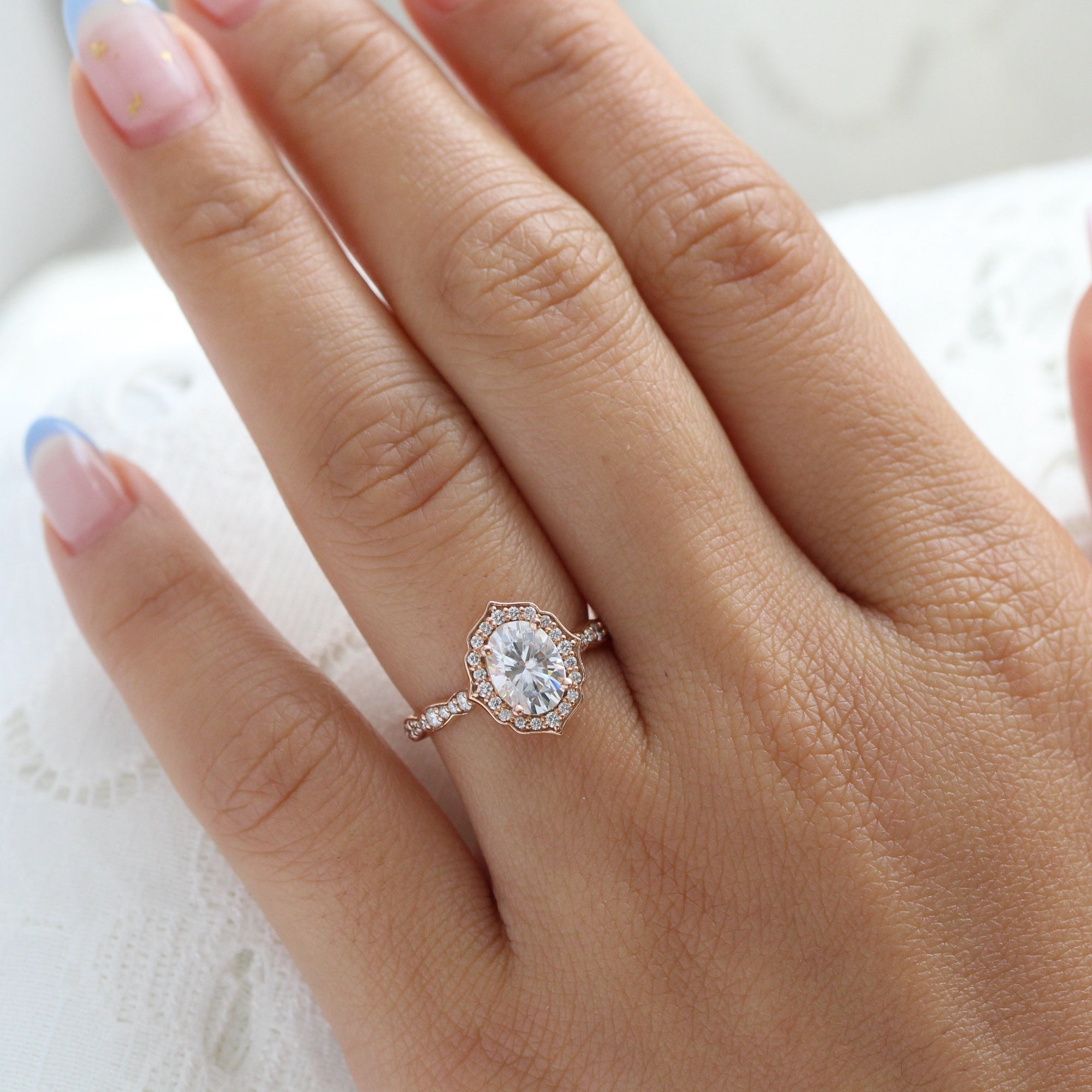 vintage halo moissanite diamond engagement ring rose gold la more design jewelry