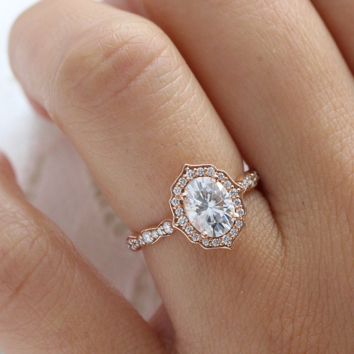vintage halo moissanite diamond engagement ring rose gold la more design jewelry