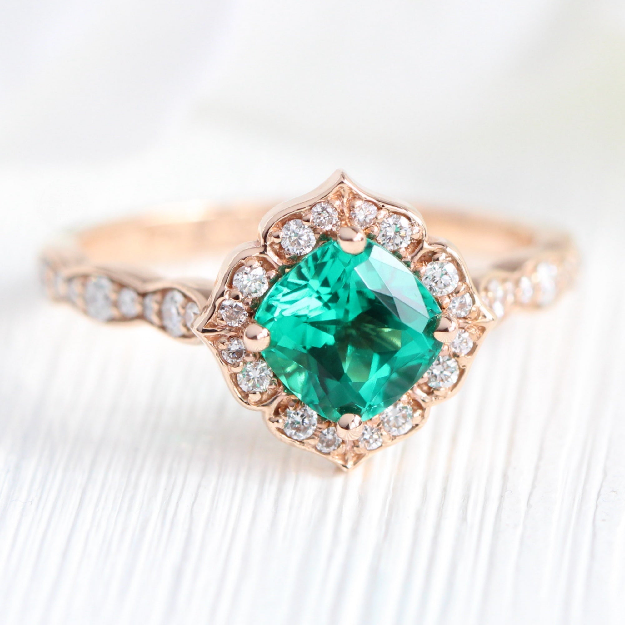 vintage inspired emerald ring bridal set in rose gold diamond band by la more design jewelry