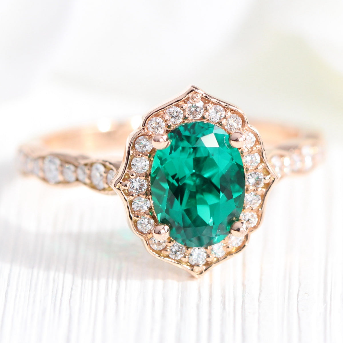 vintage inspired emerald engagement ring in rose gold diamond scalloped band by la more design jewelry