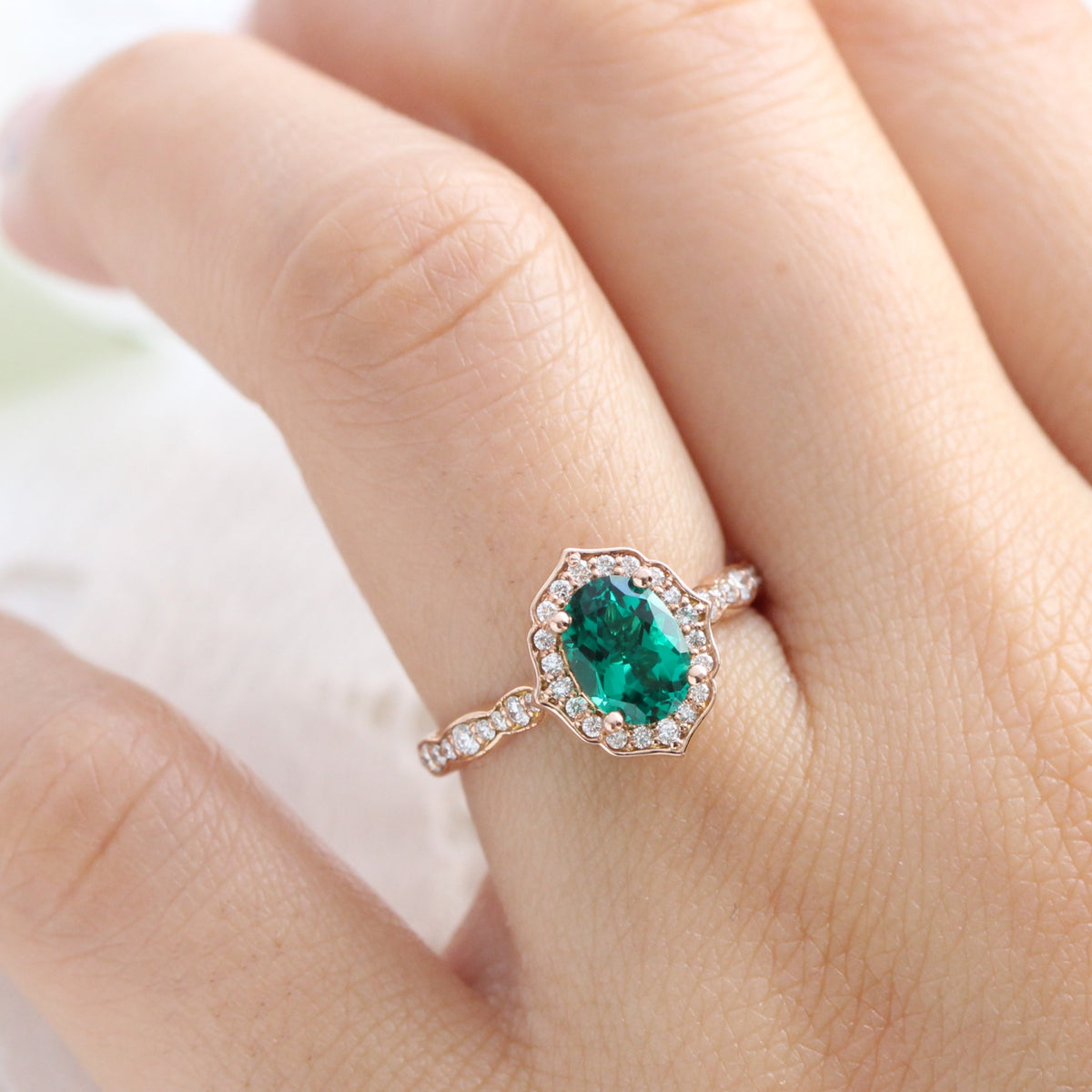 vintage inspired emerald engagement ring in rose gold diamond scalloped band by la more design jewelry