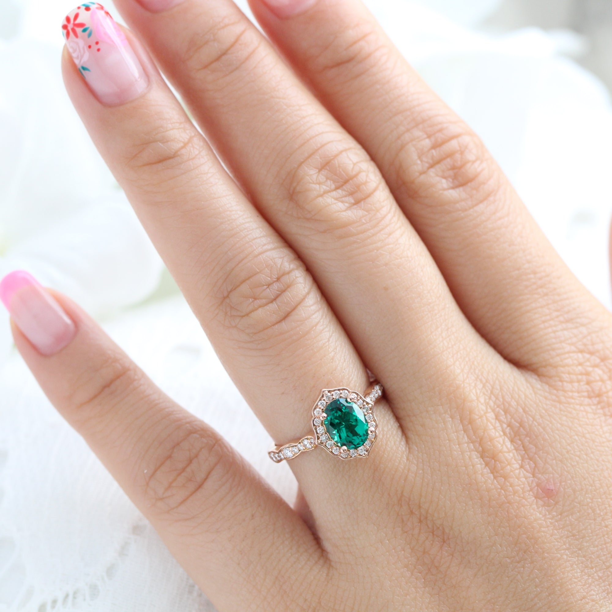 vintage inspired emerald engagement ring in rose gold diamond scalloped band by la more design jewelry