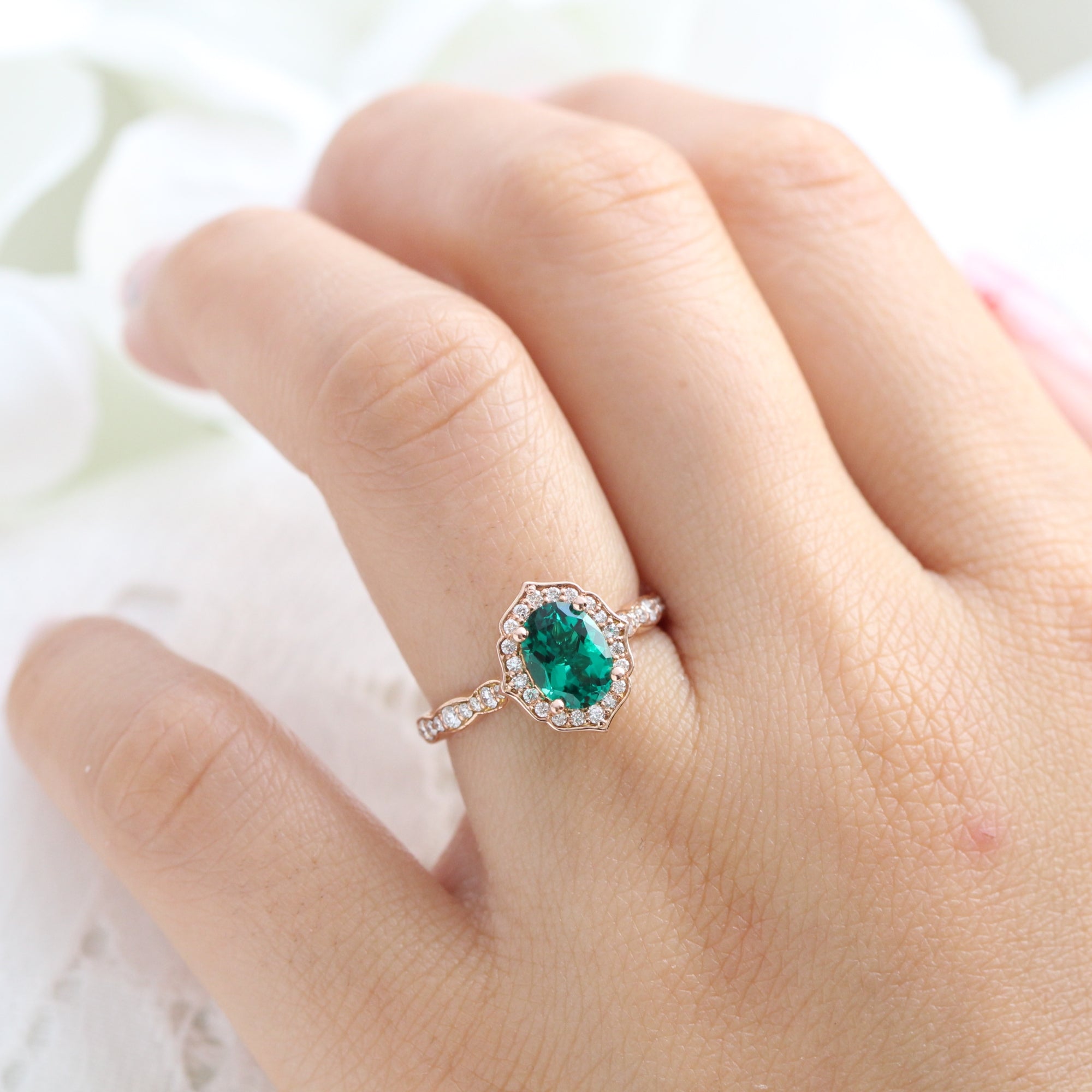vintage inspired emerald engagement ring in rose gold diamond scalloped band by la more design jewelry