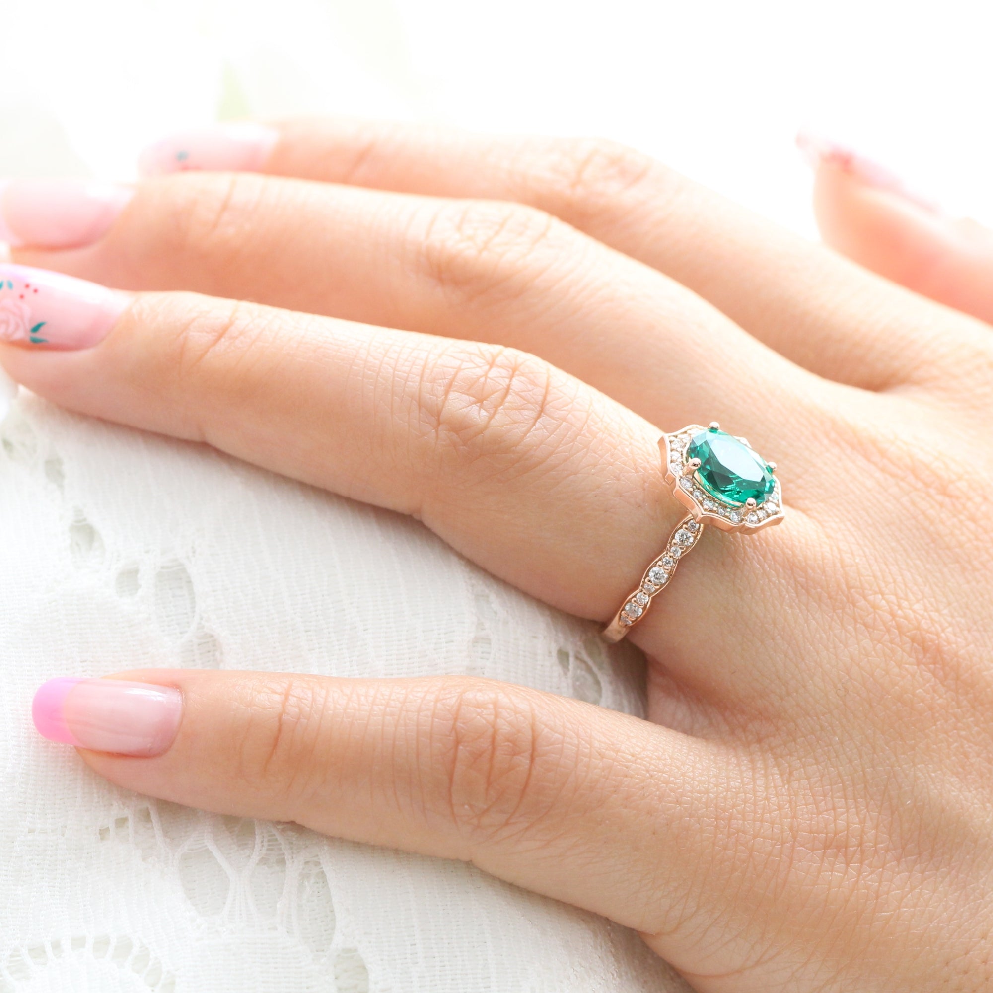 vintage inspired emerald engagement ring in rose gold diamond scalloped band by la more design jewelry