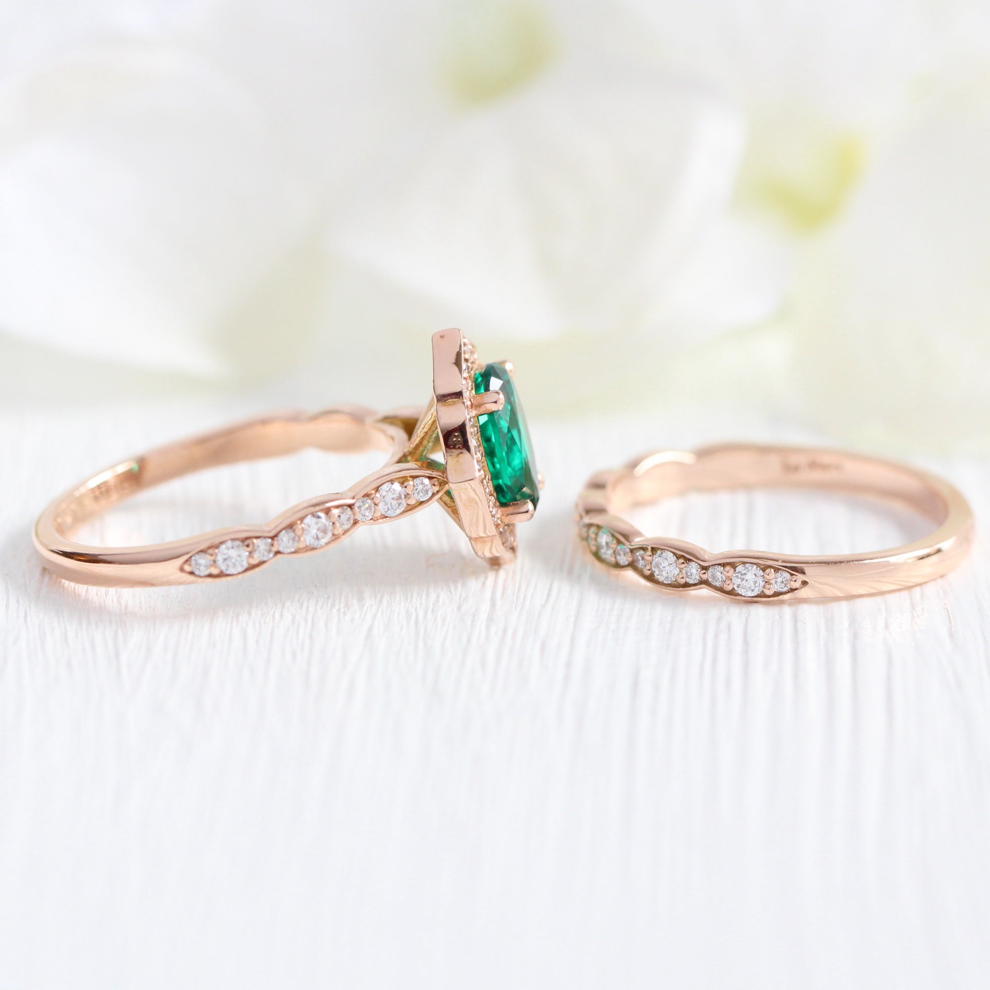 2.5 Carat Cushion Cut Designer Emerald and Diamond Halo Wedding Ring Set on  10k White Gold - JeenJewels