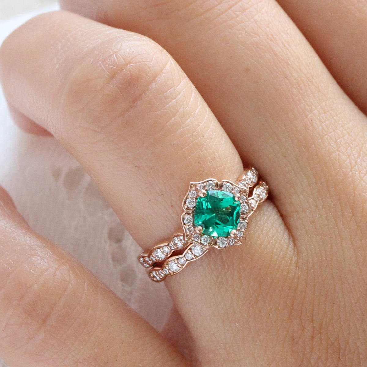 vintage inspired emerald ring bridal set in rose gold diamond band by la more design