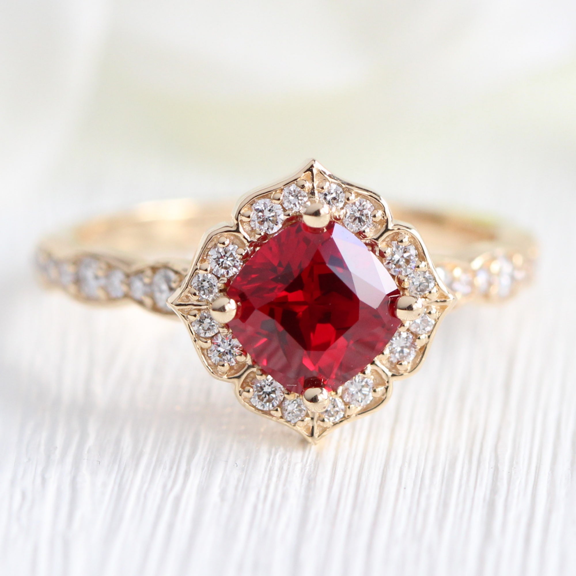 vintage inspired ruby engagement ring in yellow gold diamond band by la more design jewelry