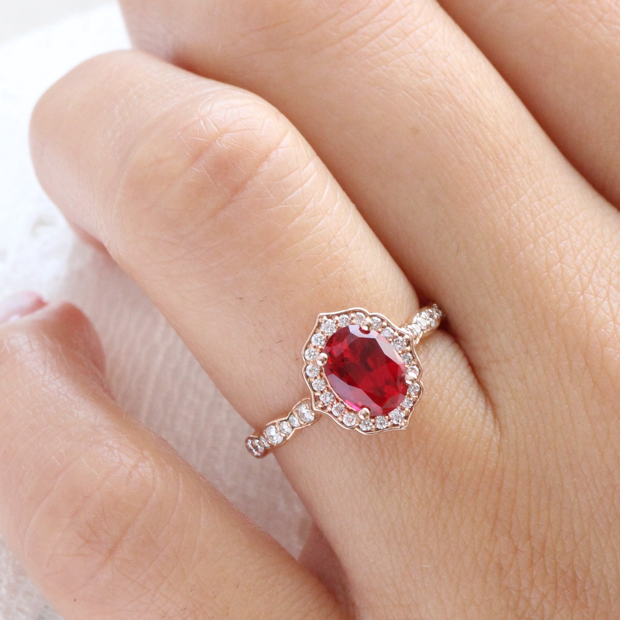 vintage inspired ruby engagement ring rose gold diamond scalloped band by la more design jewelry
