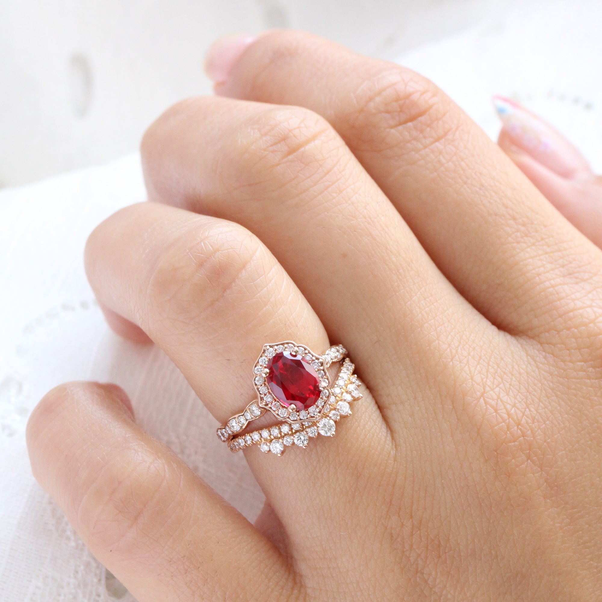 vintage inspired ruby ring and crown diamond wedding band in rose gold bridal set by la more design jewelry