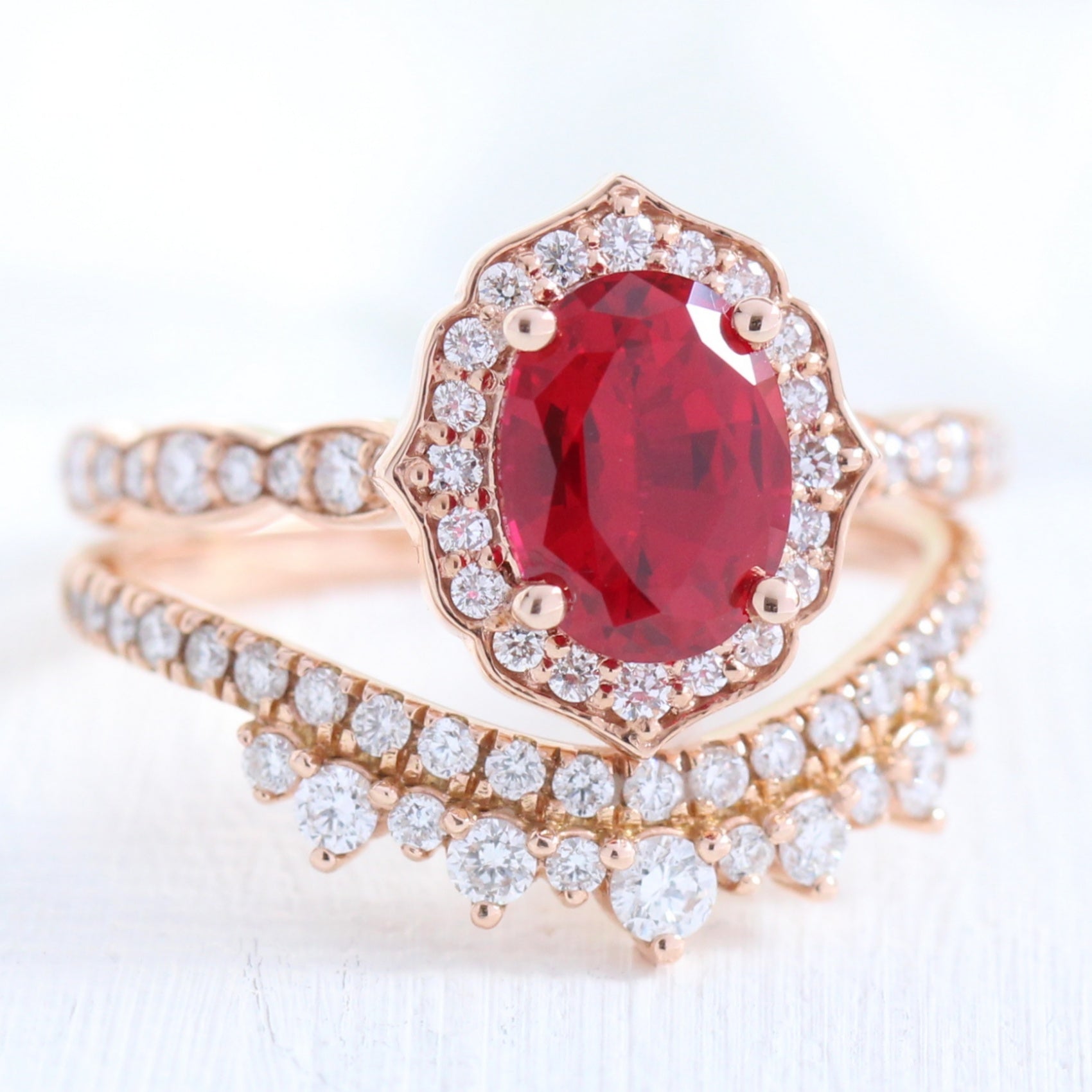 vintage inspired ruby ring and crown diamond wedding band in rose gold bridal set by la more design jewelry