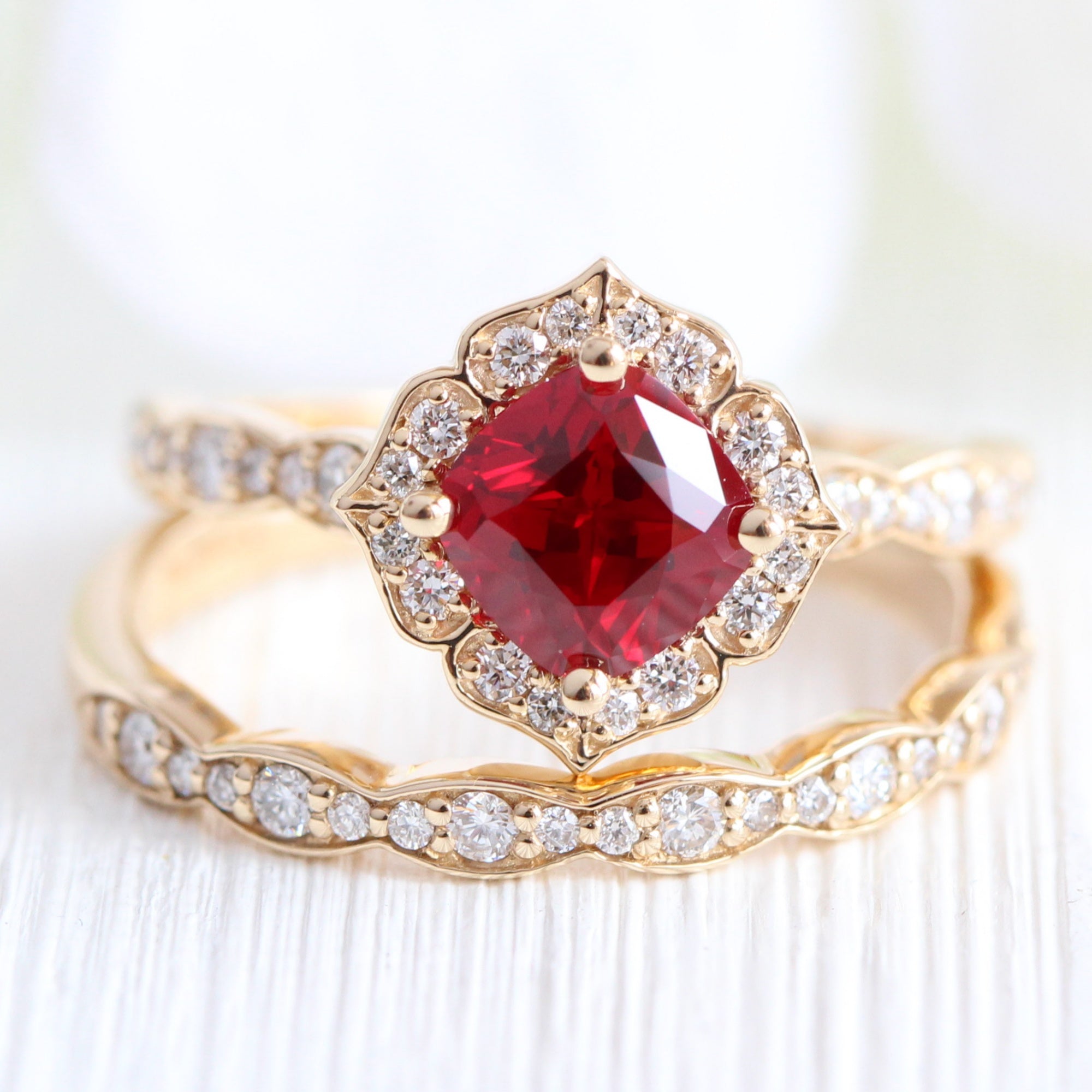 vintage inspired ruby ring bridal set in yellow gold diamond band by la more design