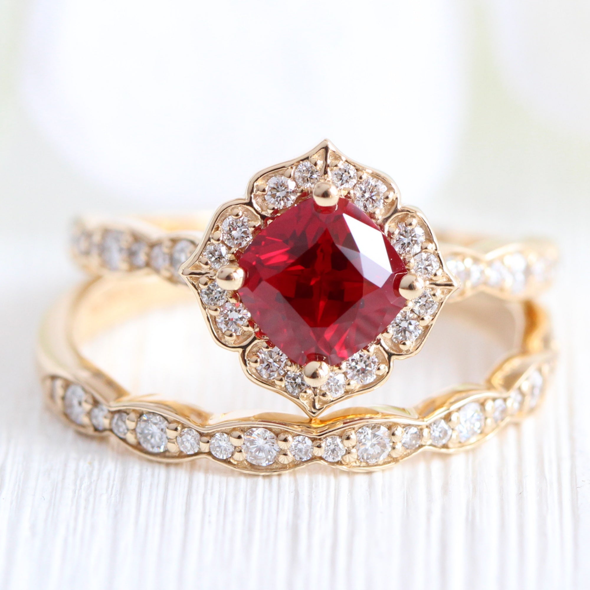 Mini Vintage Floral Bridal Set w Cushion Ruby and Scalloped Diamond Ring