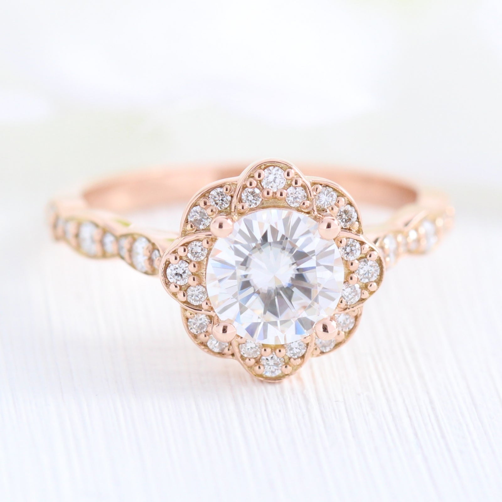 vintage style moissanite engagement ring in rose gold diamond scalloped band by la more design jewelry
