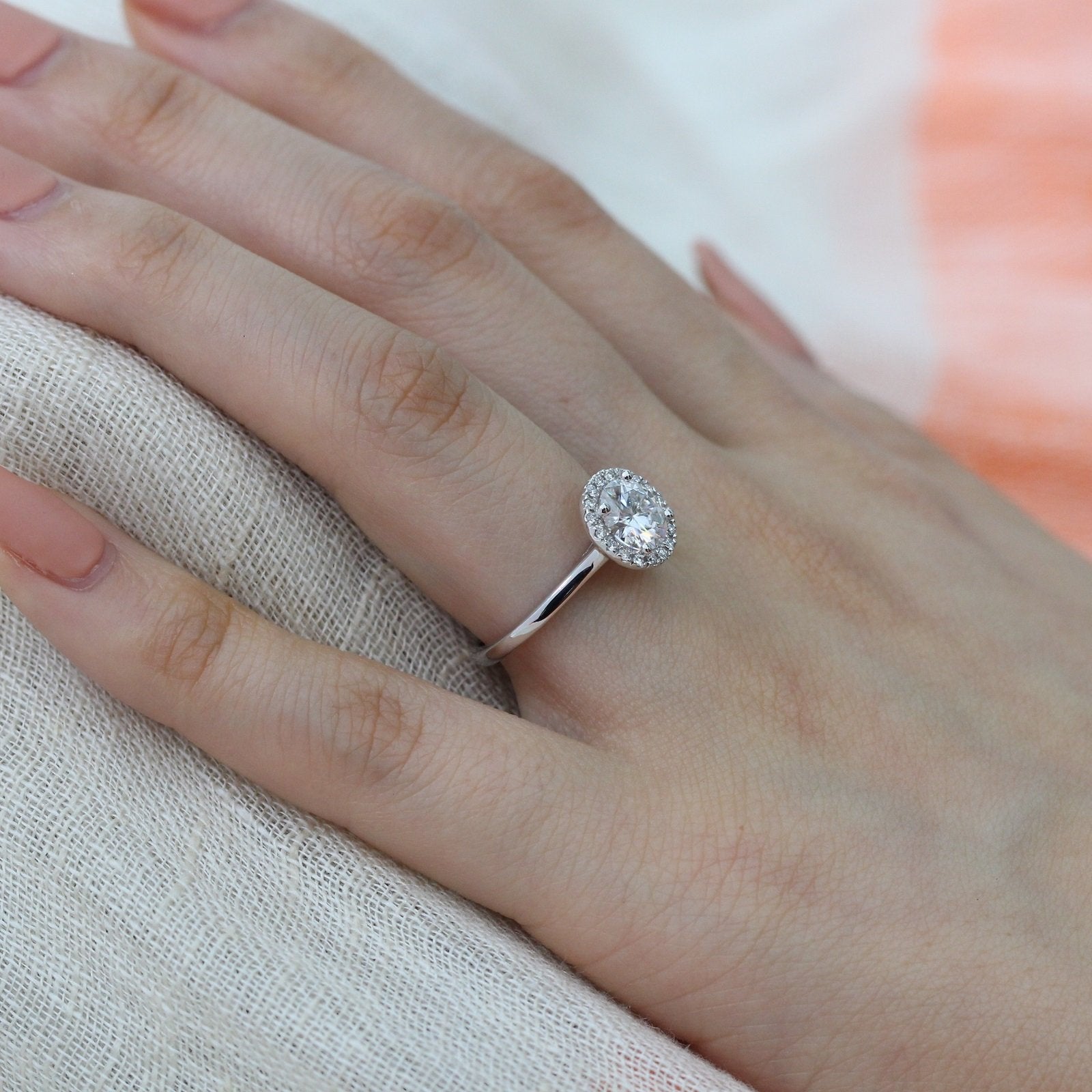 white gold round moissanite engagement ring halo diamond band by la more design