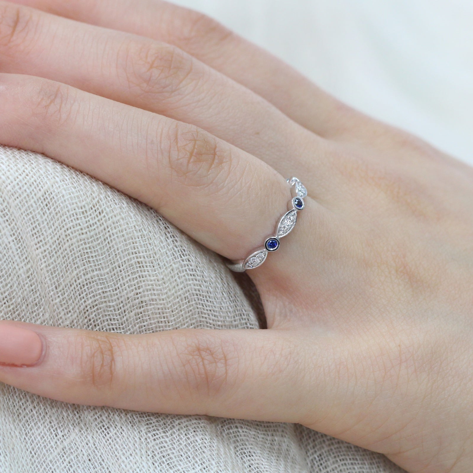 blue sapphire wedding band bezel diamond ring white gold 