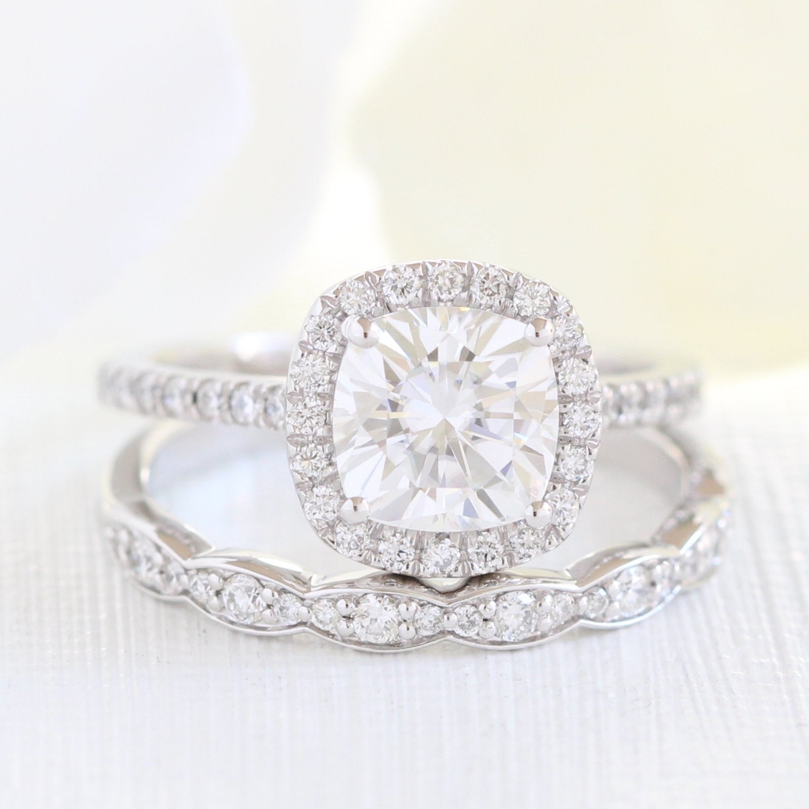Cushion moissanite halo diamond ring set in white gold by la more design