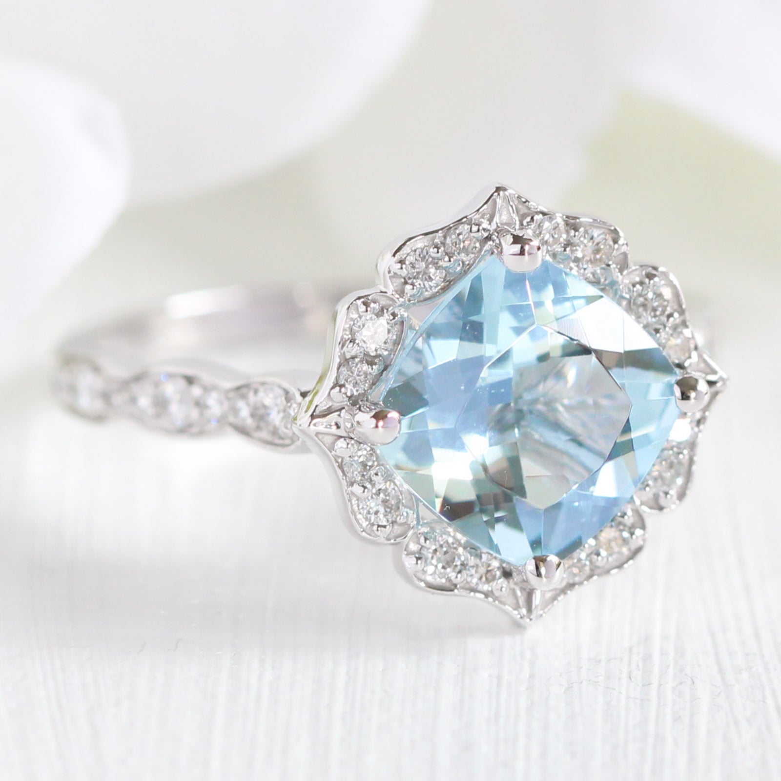 white gold vintage floral aquamarine engagement ring scalloped diamond band by la more design jewelry