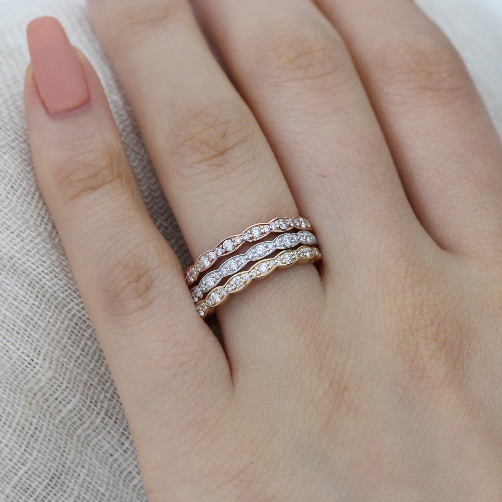Scalloped diamond wedding band in rose gold white gold yellow gold by la more design