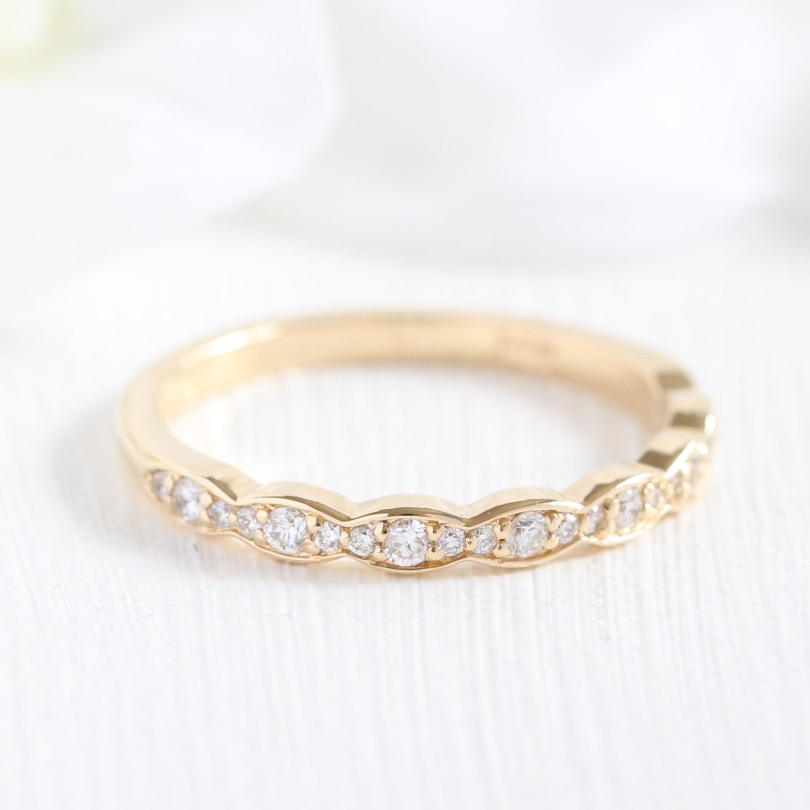 floral ruby engagement ring bridal set yellow gold scalloped band by la more design